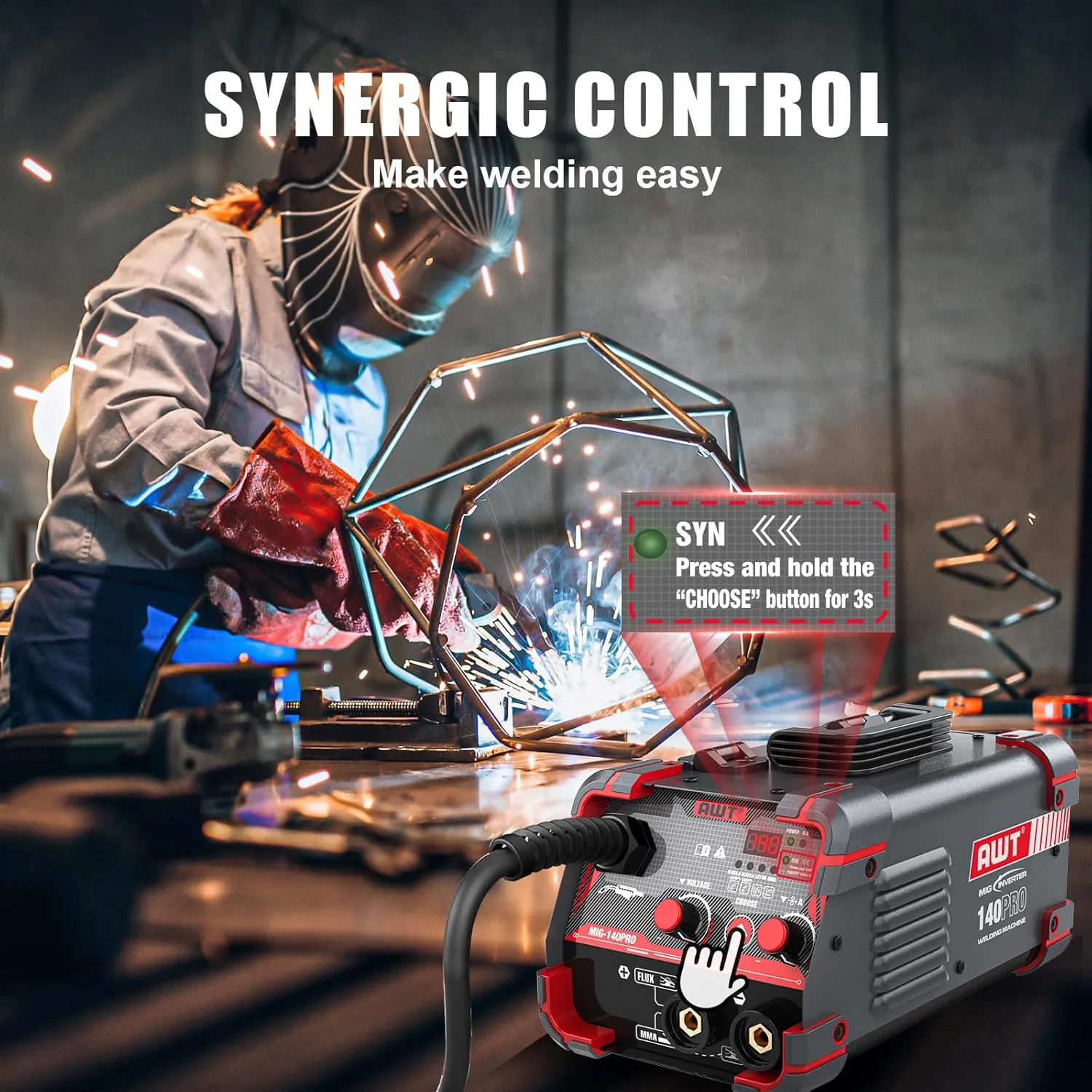AWT 140Amp MIG Welder Flux Core MIG Welder/Stick/Lift TIG 3 in 1 Welding Machine, Welder Machine 110V With Synergy IGBT Inverter, Portable Gasless Welder Equipment