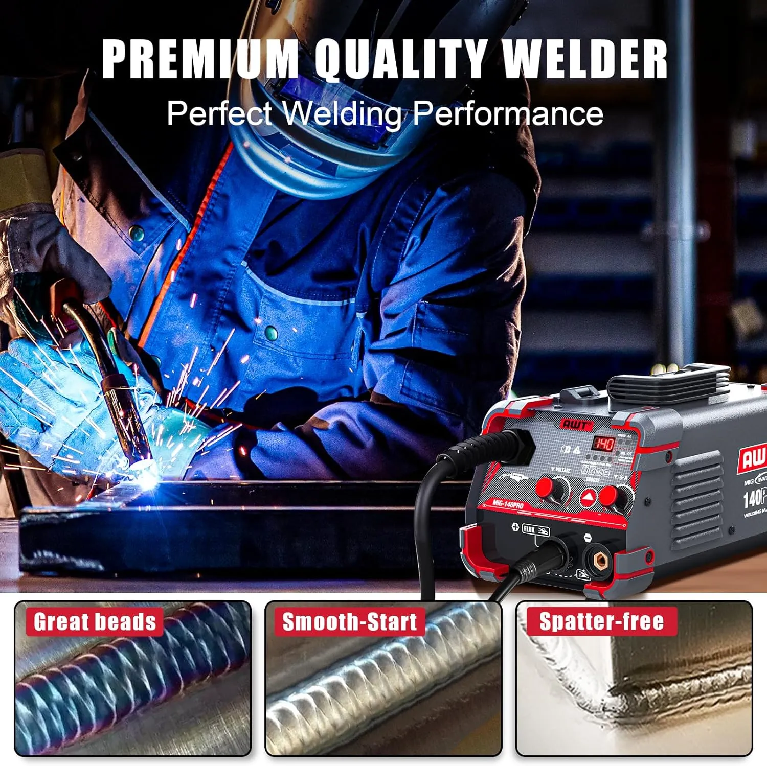 AWT 140Amp MIG Welder Flux Core MIG Welder/Stick/Lift TIG 3 in 1 Welding Machine, Welder Machine 110V With Synergy IGBT Inverter, Portable Gasless Welder Equipment