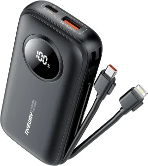 AYEWAY 10,000mAh Mini Portable Charger with Built-in Cable,USB C Fast Charging Power Bank with 4 outputs,External Battery Pack Phone Charger for iPhone,Samsung,Android,5V USB Heated Vest,Heated Jacket