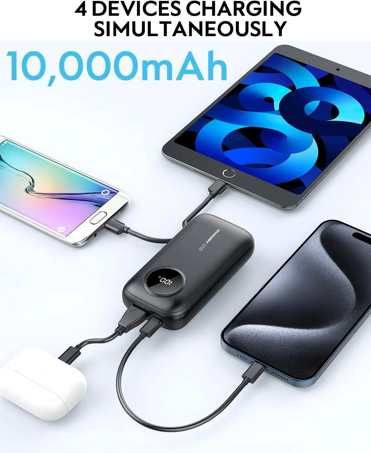 AYEWAY 10,000mAh Mini Portable Charger with Built-in Cable,USB C Fast Charging Power Bank with 4 outputs,External Battery Pack Phone Charger for iPhone,Samsung,Android,5V USB Heated Vest,Heated Jacket