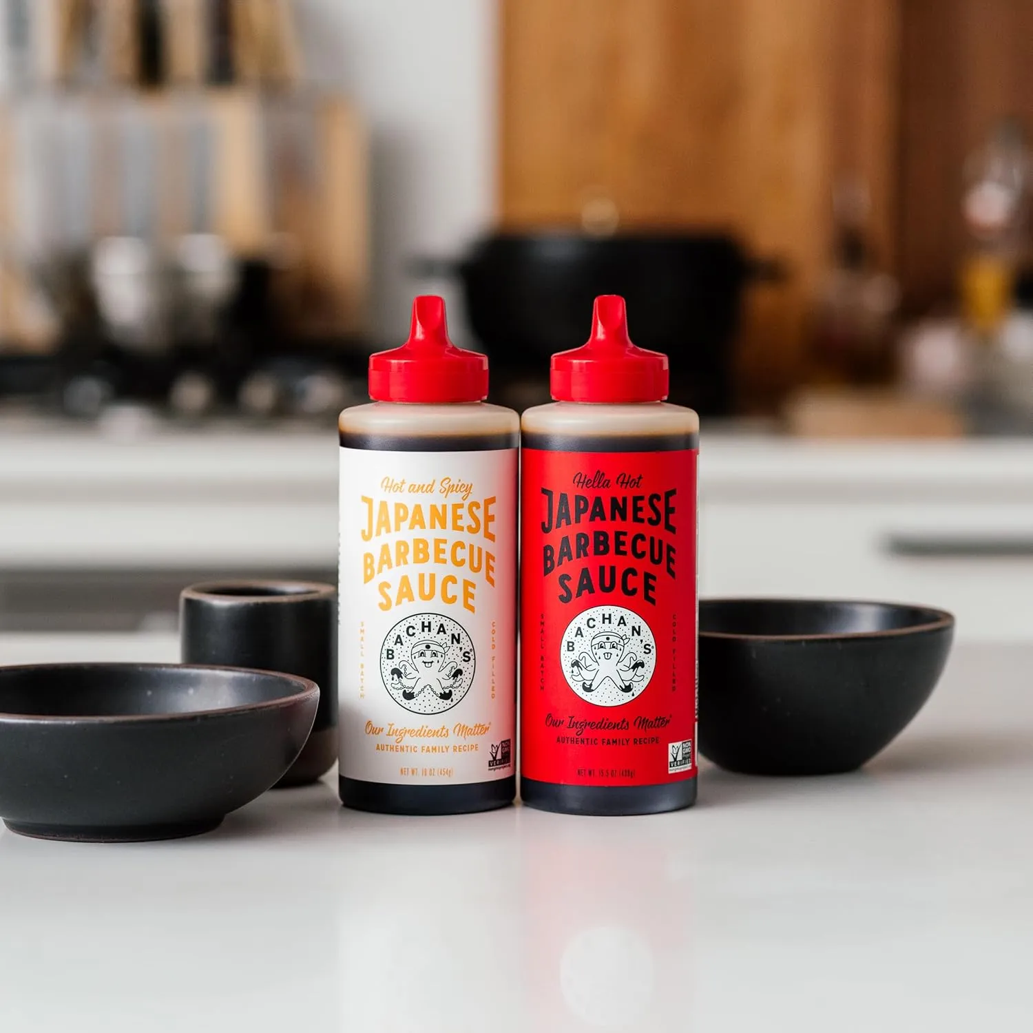 Bachan's Japanese Barbecue Sauce 2 Pack - 1 Hot & Spicy, 1 Hella Hot - BBQ Sauce for Wings, Chicken, Beef, Pork, Seafood, Noodles, and More. Non GMO, No Preservatives, BPA free
