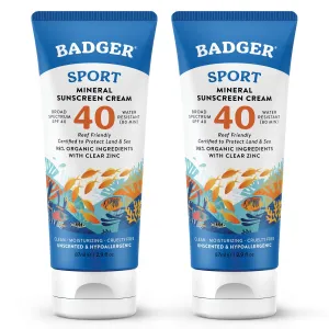 Badger Reef Safe Sport Mineral Sunscreen - Unscented SPF 40, 98% Organic, Water Resistant Zinc, Approved for Hawaii & Mexico Reefs, 2.9 fl oz, 2-Pack