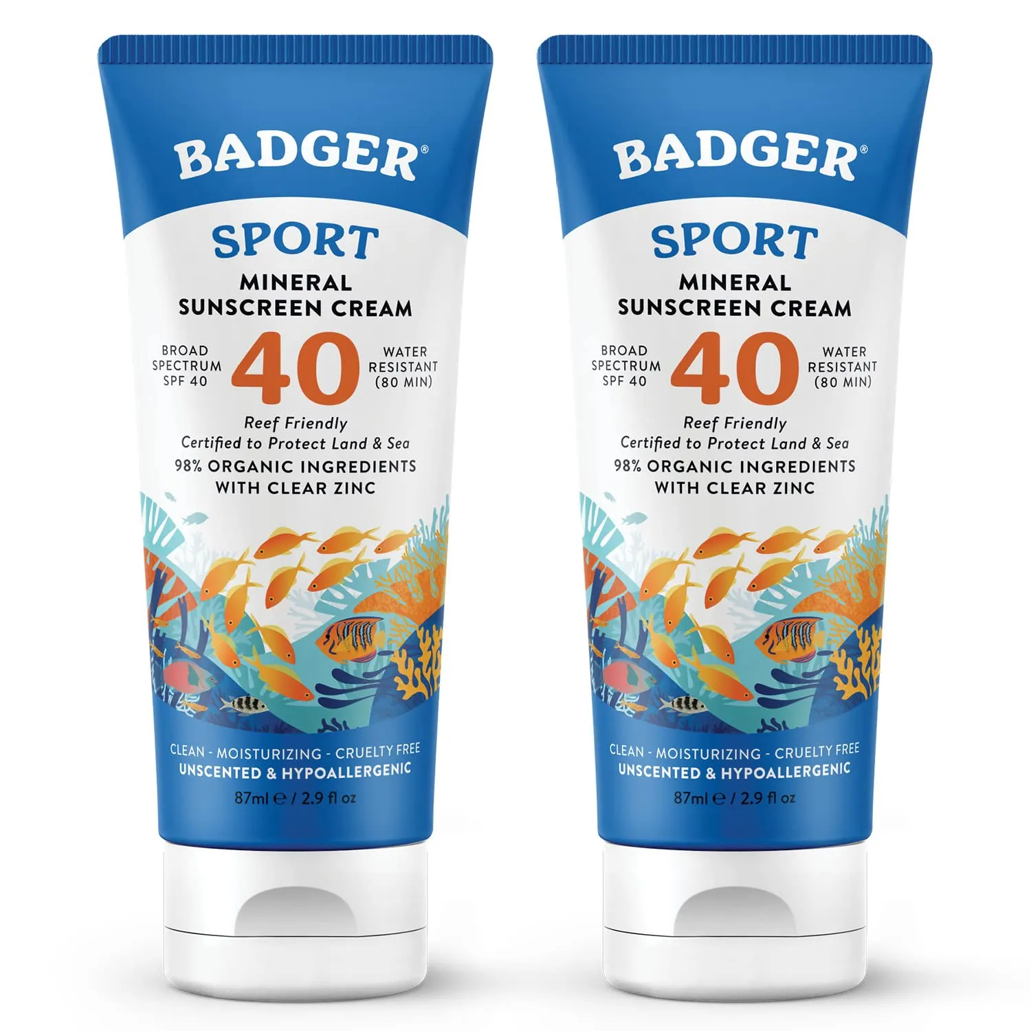 Badger Reef Safe Sport Mineral Sunscreen - Unscented SPF 40, 98% Organic, Water Resistant Zinc, Approved for Hawaii & Mexico Reefs, 2.9 fl oz, 2-Pack