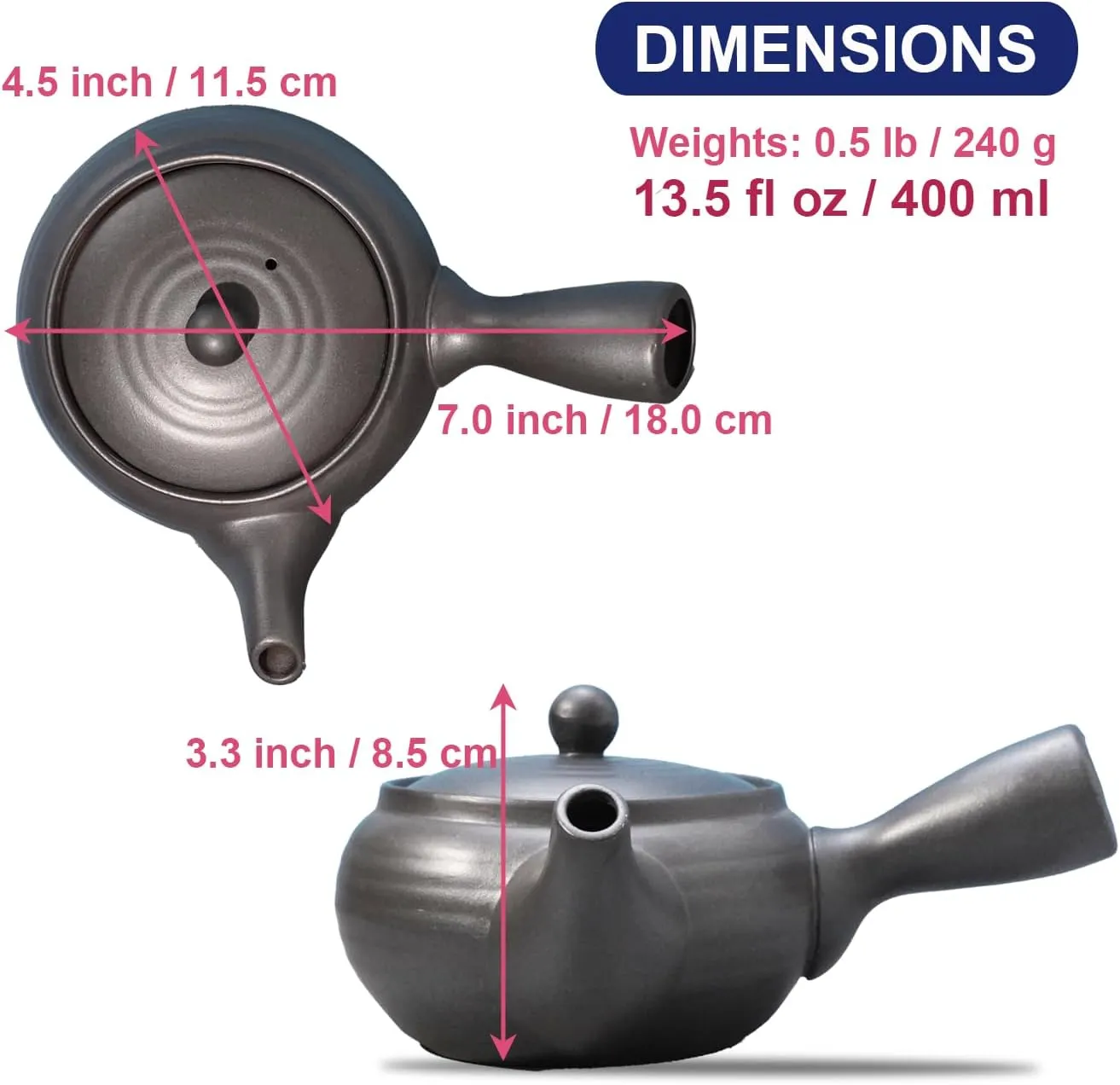 Banko-Yaki Japanese Tea Pot – Traditional Japanese Tea Kettle with Stainless Steel Bottom Strainer – Heat Resistant and Durable Ceramic Teapot for Deep Steamed Tea (Lava Gray)