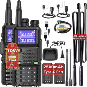 BAOFENG UV-5RM 10W Long Range Ham Radio Walkie Talkie with NOAA Weather Receiver 2500mAh Rechargeable Battery one-Key Frequency Copy Earphone Type-C Charging and Programming Cable (Tactical Antenna)