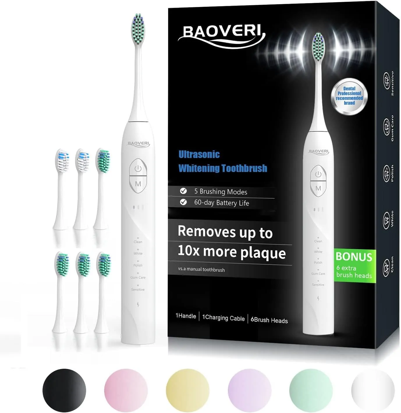 BAOVERI Electric Toothbrush with 8 Brush Heads for Adults&Kids, Ultrasonic Electric Toothbrushes, 5 Modes & 3 Intensity Levels, 2 Minutes Smart Timer, 4 Hours Fast Charge for 60 Days