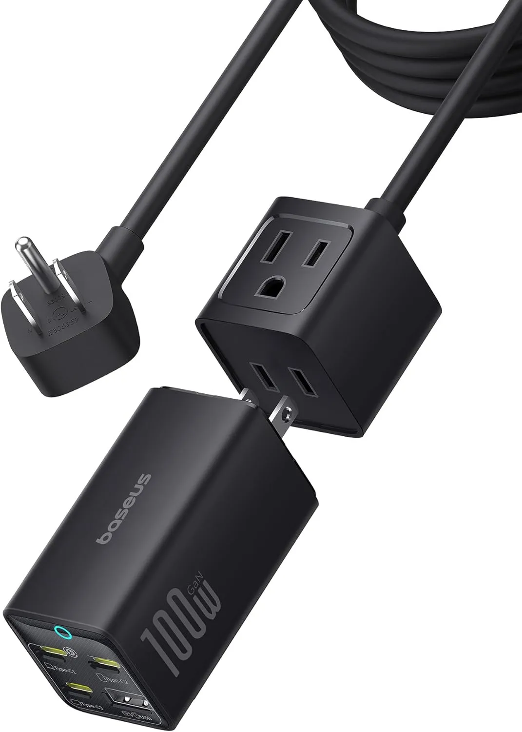 Baseus Charging Station 100W, 5 in 1 Travel Power Strip USB C Charger, with 5ft Detachable Extension Cord, Flat Plug, 2 Outlets AC Power for Cruise, Home, Dorm and Office - PowerCombo Mini