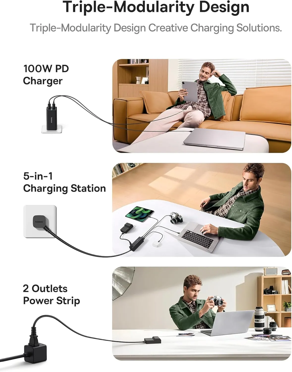 Baseus Charging Station 100W, 5 in 1 Travel Power Strip USB C Charger, with 5ft Detachable Extension Cord, Flat Plug, 2 Outlets AC Power for Cruise, Home, Dorm and Office - PowerCombo Mini