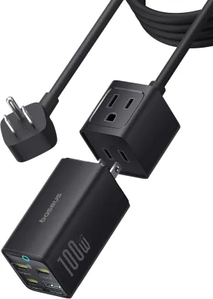 Baseus Charging Station 100W, 5 in 1 Travel Power Strip USB C Charger, with 5ft Detachable Extension Cord, Flat Plug, 2 Outlets AC Power for Cruise, Home, Dorm and Office - PowerCombo Mini