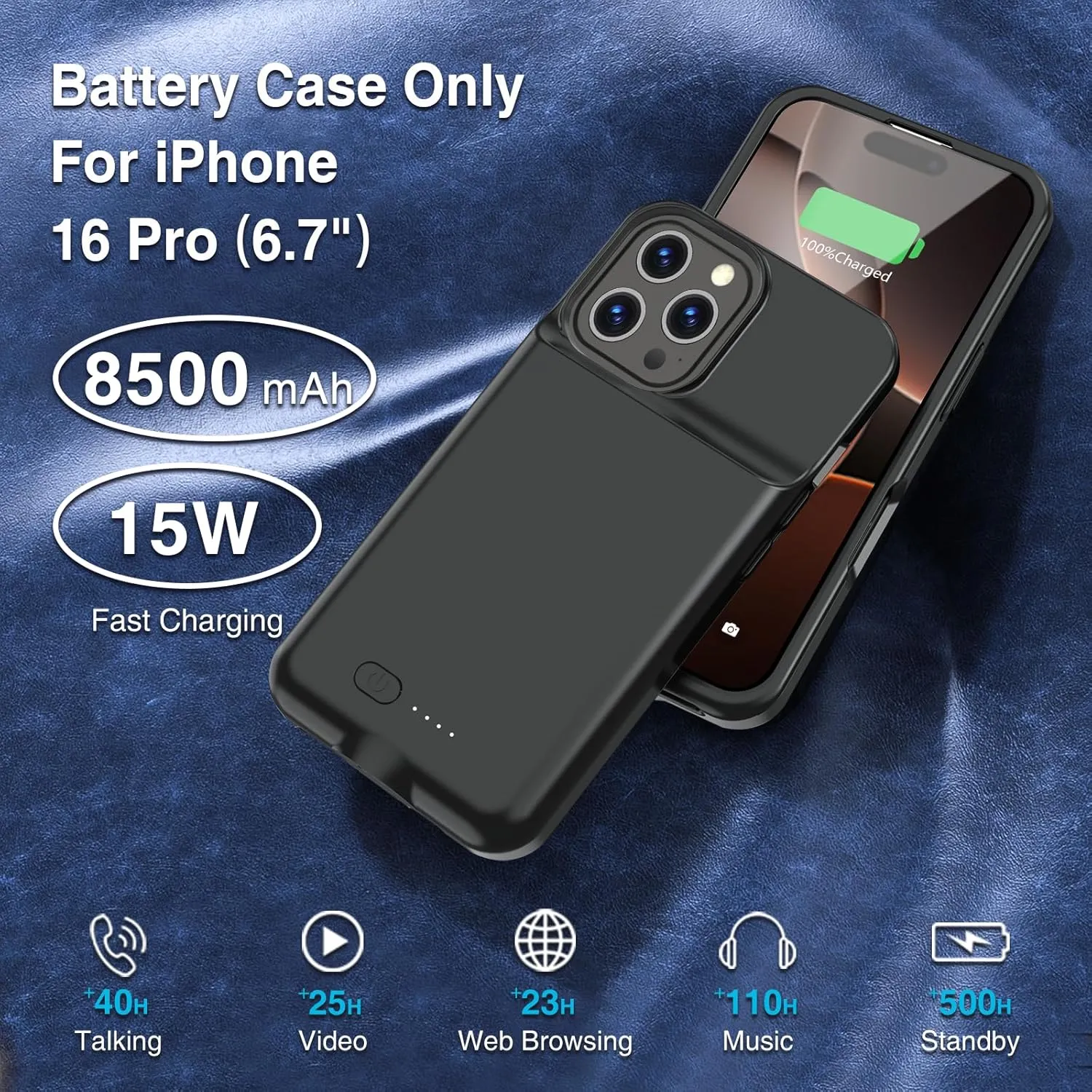 Battery Case for iPhone 16 Pro, 15W Fast Charging Case Charger 8500mAh Ultra-Slim Lightweight Powerful Battery Pack Rechargeable Anti-Fall TPU Juice Box for iPhone 16 Pro Charging Case(6.3") Black