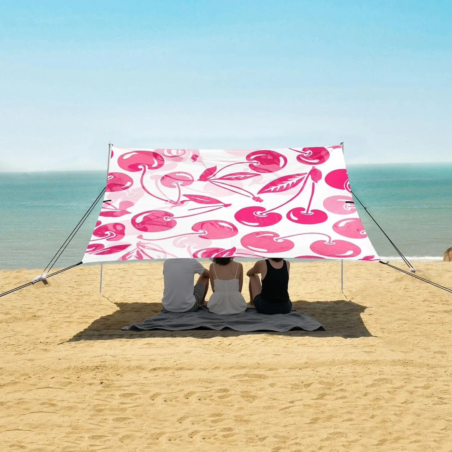 Beach Canopy Tent Outdoor Patio Shade Cute 9.2 × 10.5 FT Decorative Camping Sun Shelter Yard Cute Pink Cherry White Wind Sail Shade with Sand Anchor Poles