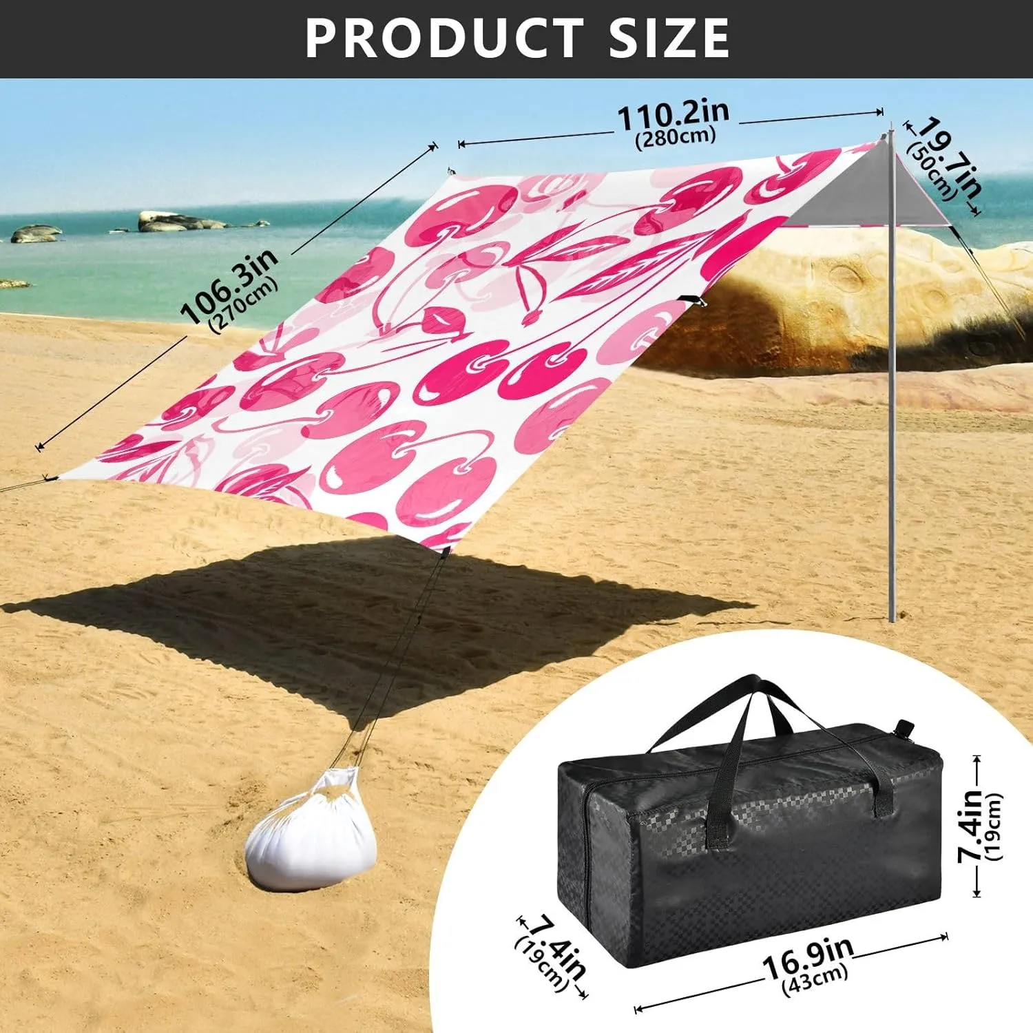 Beach Canopy Tent Outdoor Patio Shade Cute 9.2 × 10.5 FT Decorative Camping Sun Shelter Yard Cute Pink Cherry White Wind Sail Shade with Sand Anchor Poles