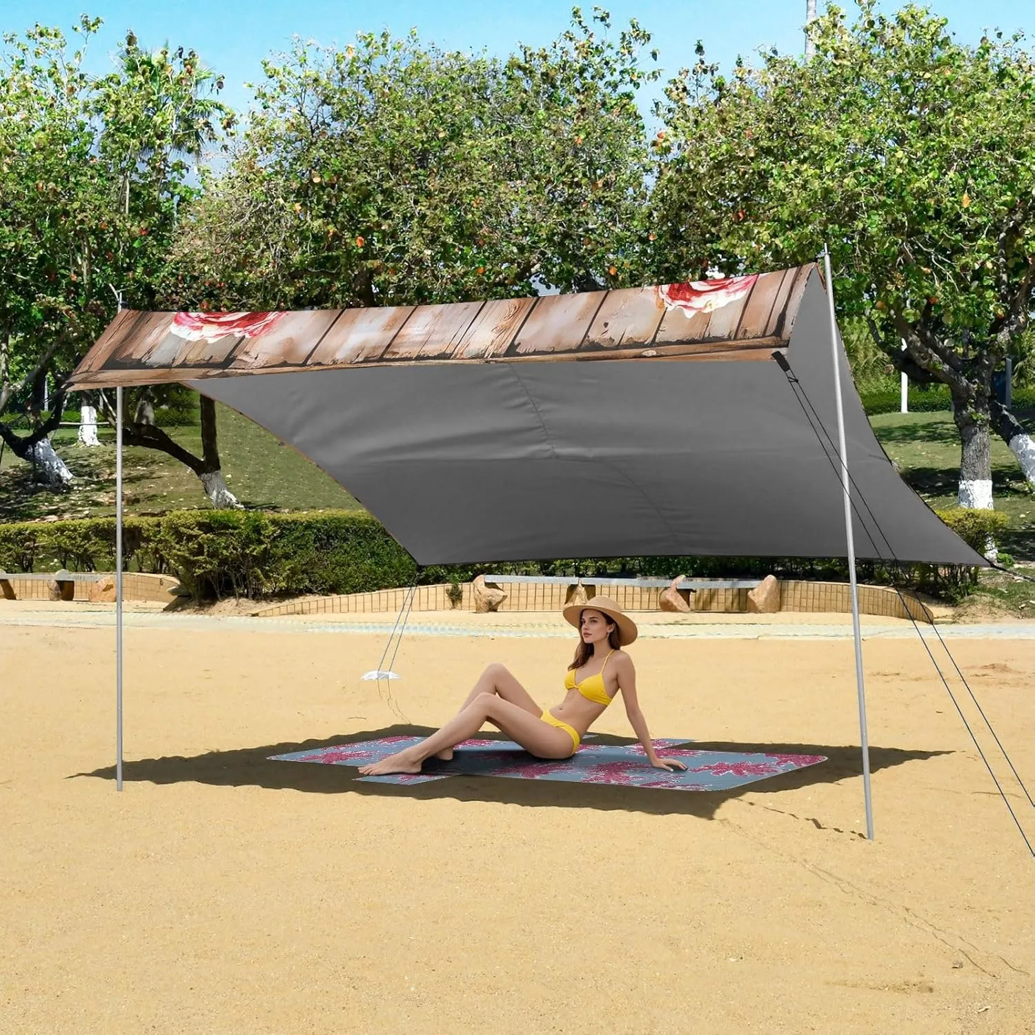 Beach Canopy Tent Outdoor Patio Shade Cute for Adults Camping Sun Shelter Custom with Poles Sand Anchor Canopies 9.2 × 10.5 FT Butterfly Wooden Floral