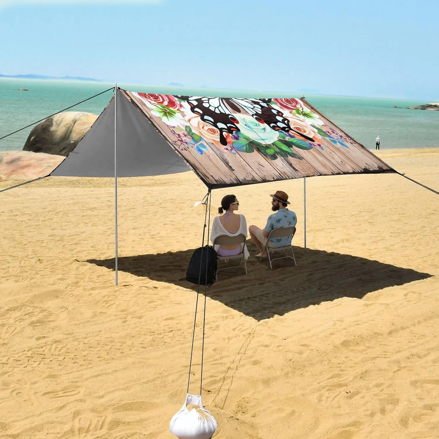 Beach Canopy Tent Outdoor Patio Shade Cute for Adults Camping Sun Shelter Custom with Poles Sand Anchor Canopies 9.2 × 10.5 FT Butterfly Wooden Floral