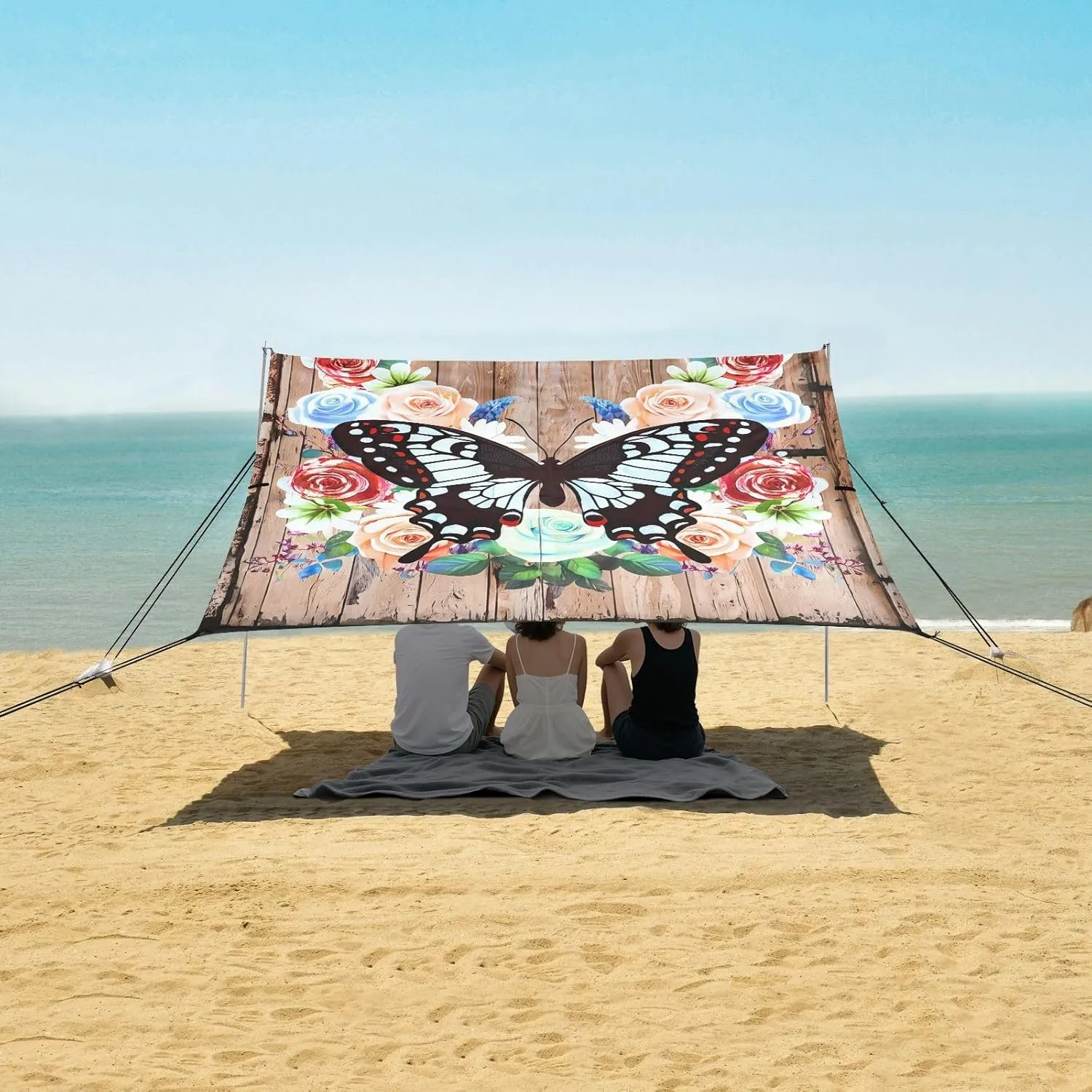 Beach Canopy Tent Outdoor Patio Shade Cute for Adults Camping Sun Shelter Custom with Poles Sand Anchor Canopies 9.2 × 10.5 FT Butterfly Wooden Floral
