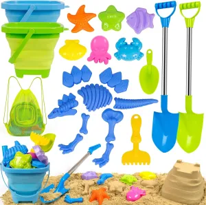 Beach Sand Toys Set Includes Collapsible Buckets 2 Big Size Sand Shovels, Rake, Animal Sand Molds Toys with Mesh Bag, Sandbox Kit for Kids Age 3 (22 PCS)