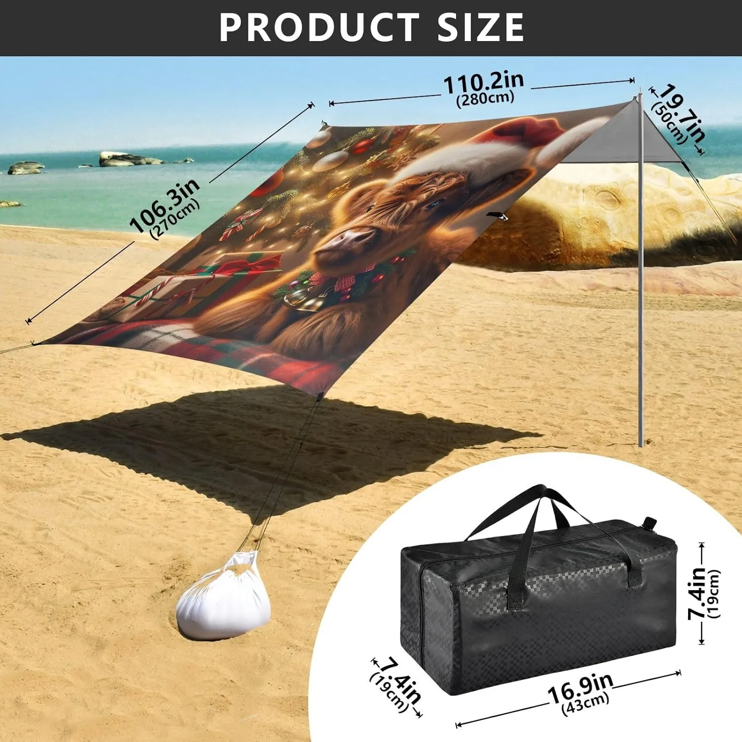 Beach Tent Canopy Christmas Highland Cow Cozy Sun Shade Outdoor Patio 9.2 × 10.5 FT for Adults Camping Sun Shelter Yard Waterproof with Poles Sand Anchor