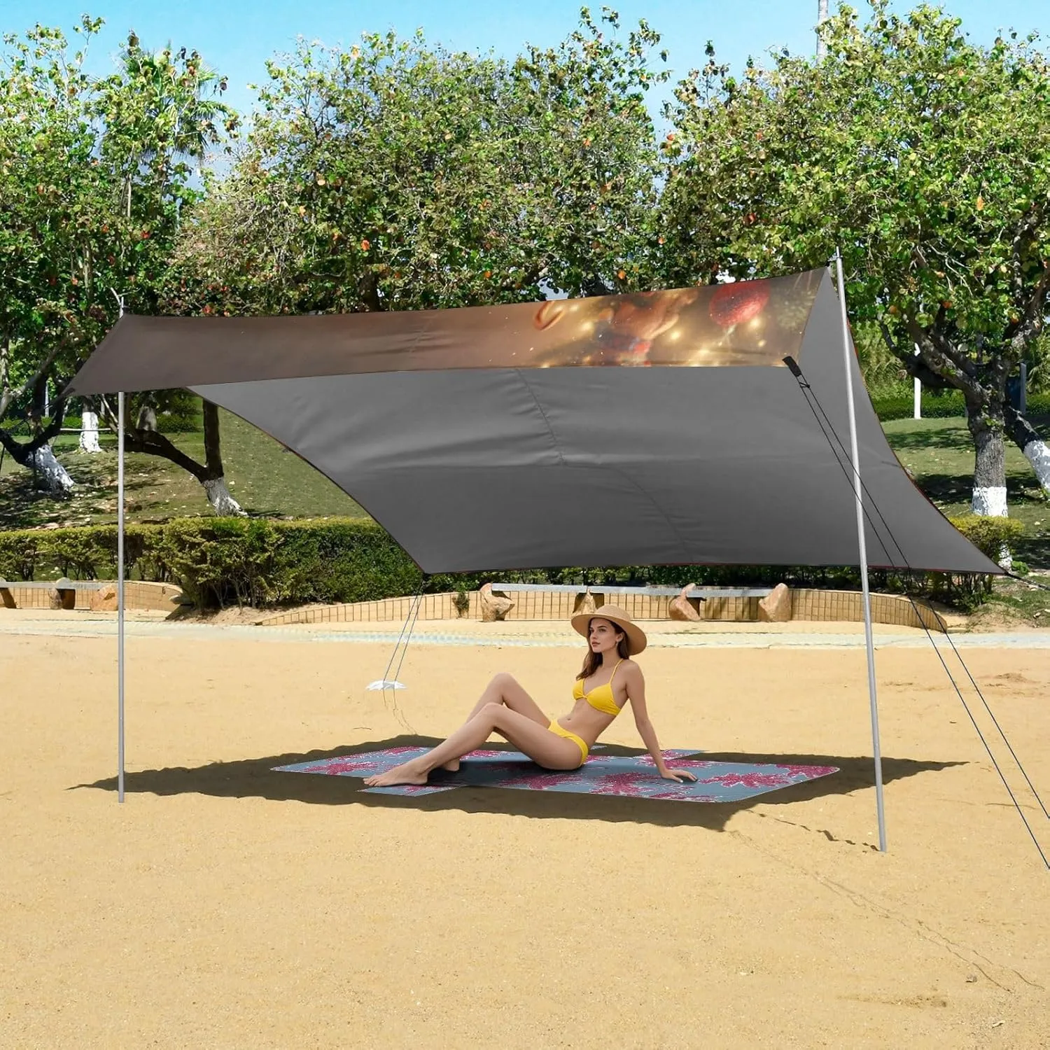 Beach Tent Canopy Christmas Highland Cow Cozy Sun Shade Outdoor Patio 9.2 × 10.5 FT for Adults Camping Sun Shelter Yard Waterproof with Poles Sand Anchor