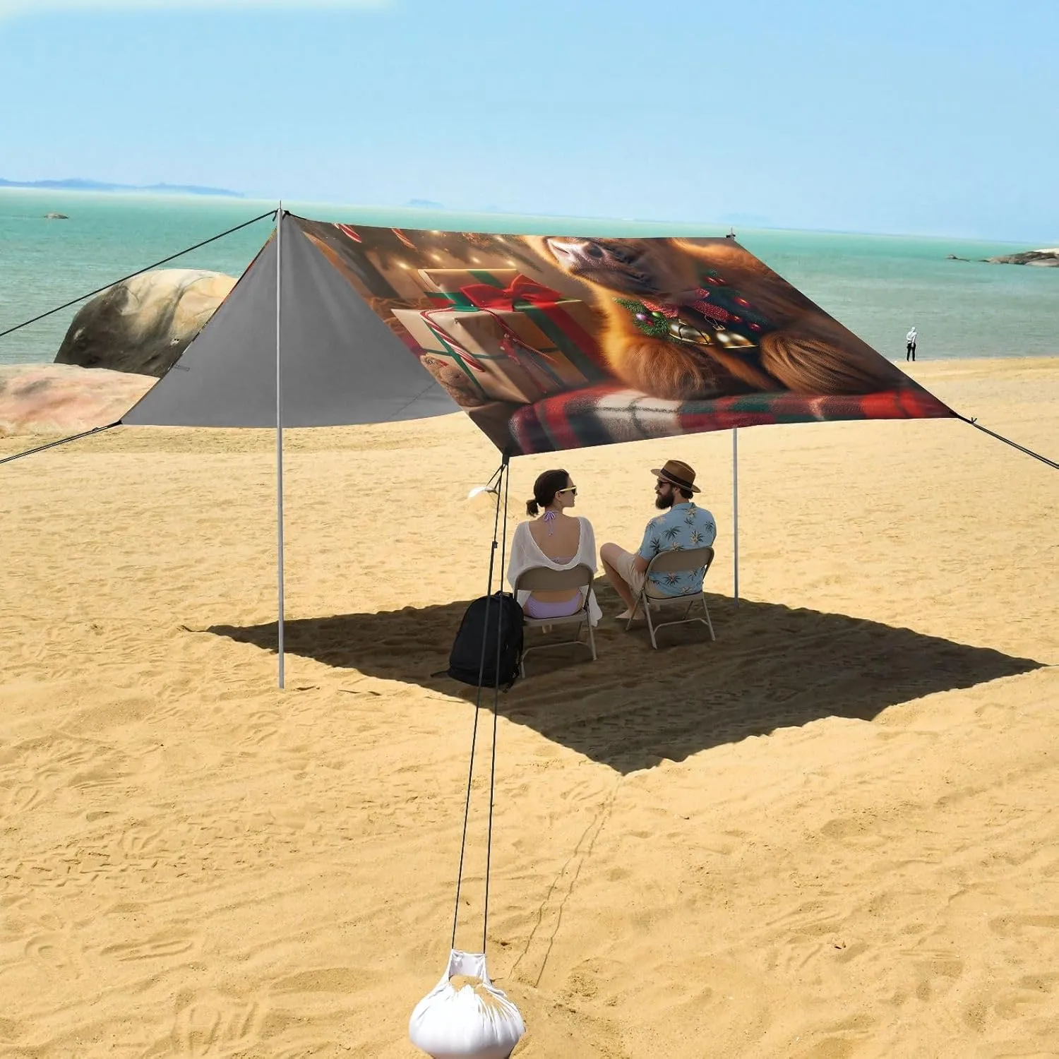 Beach Tent Canopy Christmas Highland Cow Cozy Sun Shade Outdoor Patio 9.2 × 10.5 FT for Adults Camping Sun Shelter Yard Waterproof with Poles Sand Anchor