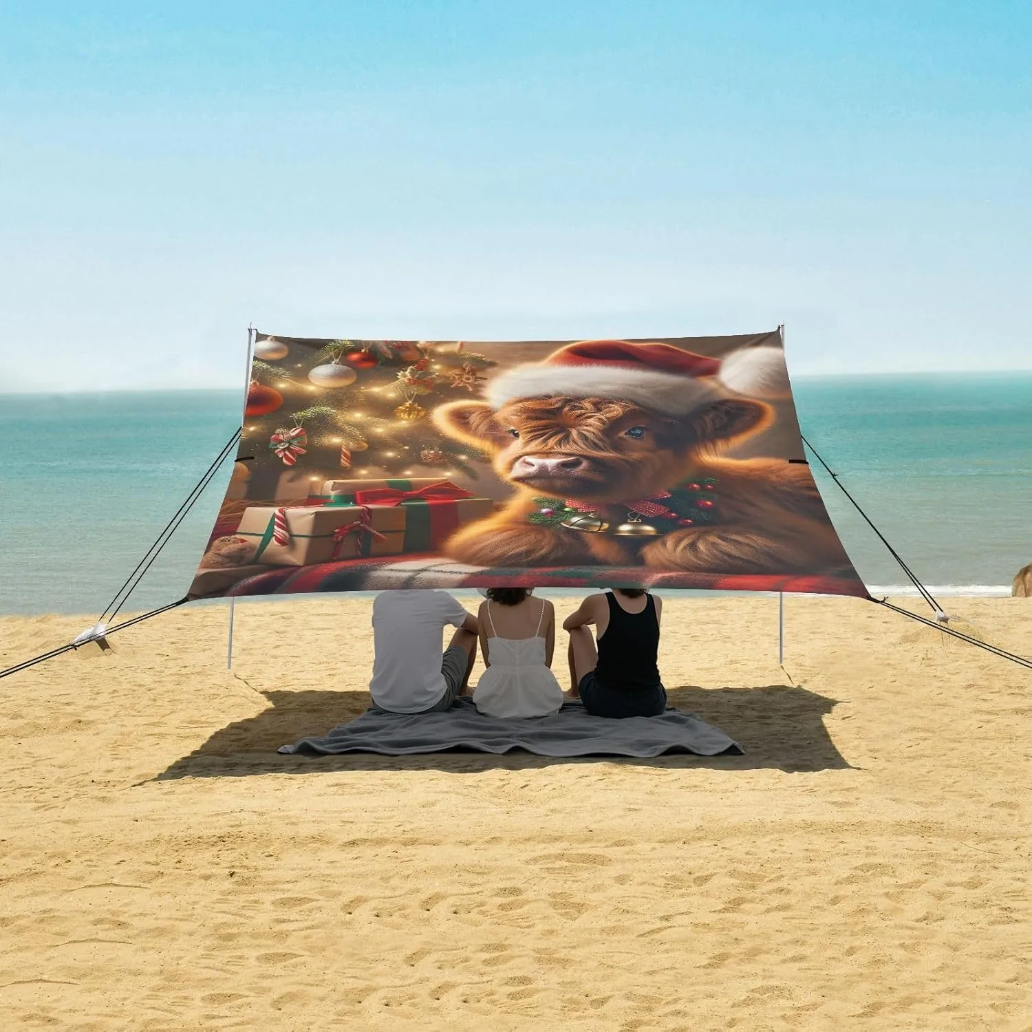 Beach Tent Canopy Christmas Highland Cow Cozy Sun Shade Outdoor Patio 9.2 × 10.5 FT for Adults Camping Sun Shelter Yard Waterproof with Poles Sand Anchor