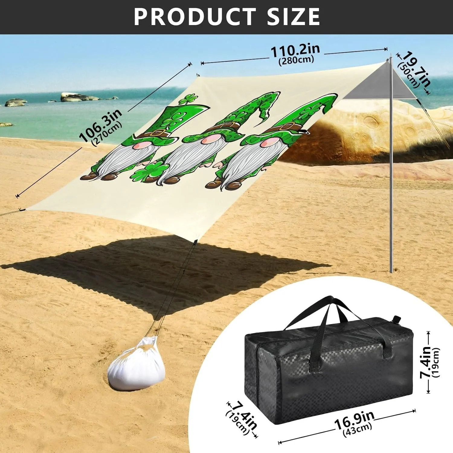 Beach Tent Canopy Outdoor Patio Shade Cute 9.2 × 10.5 FT Green Shamrock Gnomes Beige Camping Sun Shelter Custom Aesthetic Waterproof with Sand Anchor Poles