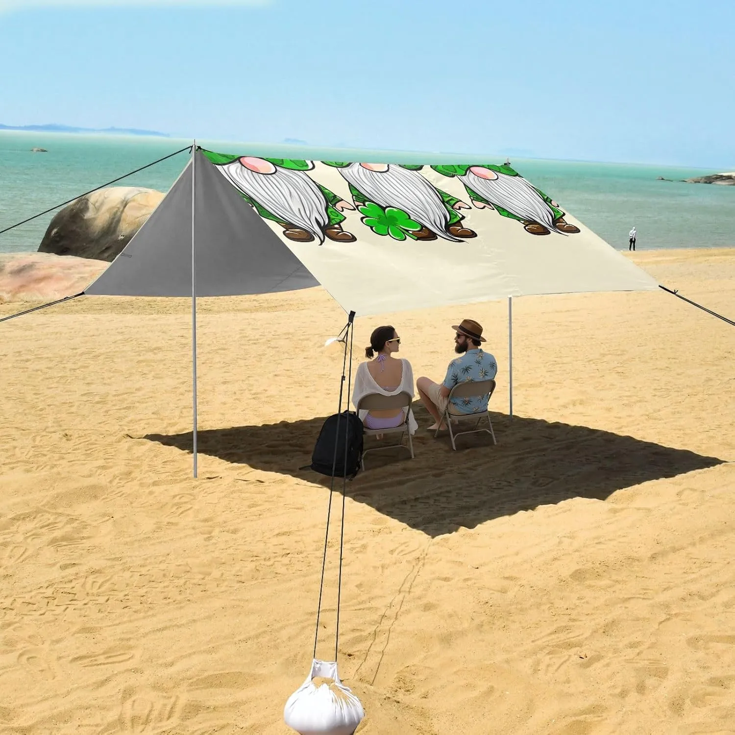 Beach Tent Canopy Outdoor Patio Shade Cute 9.2 × 10.5 FT Green Shamrock Gnomes Beige Camping Sun Shelter Custom Aesthetic Waterproof with Sand Anchor Poles
