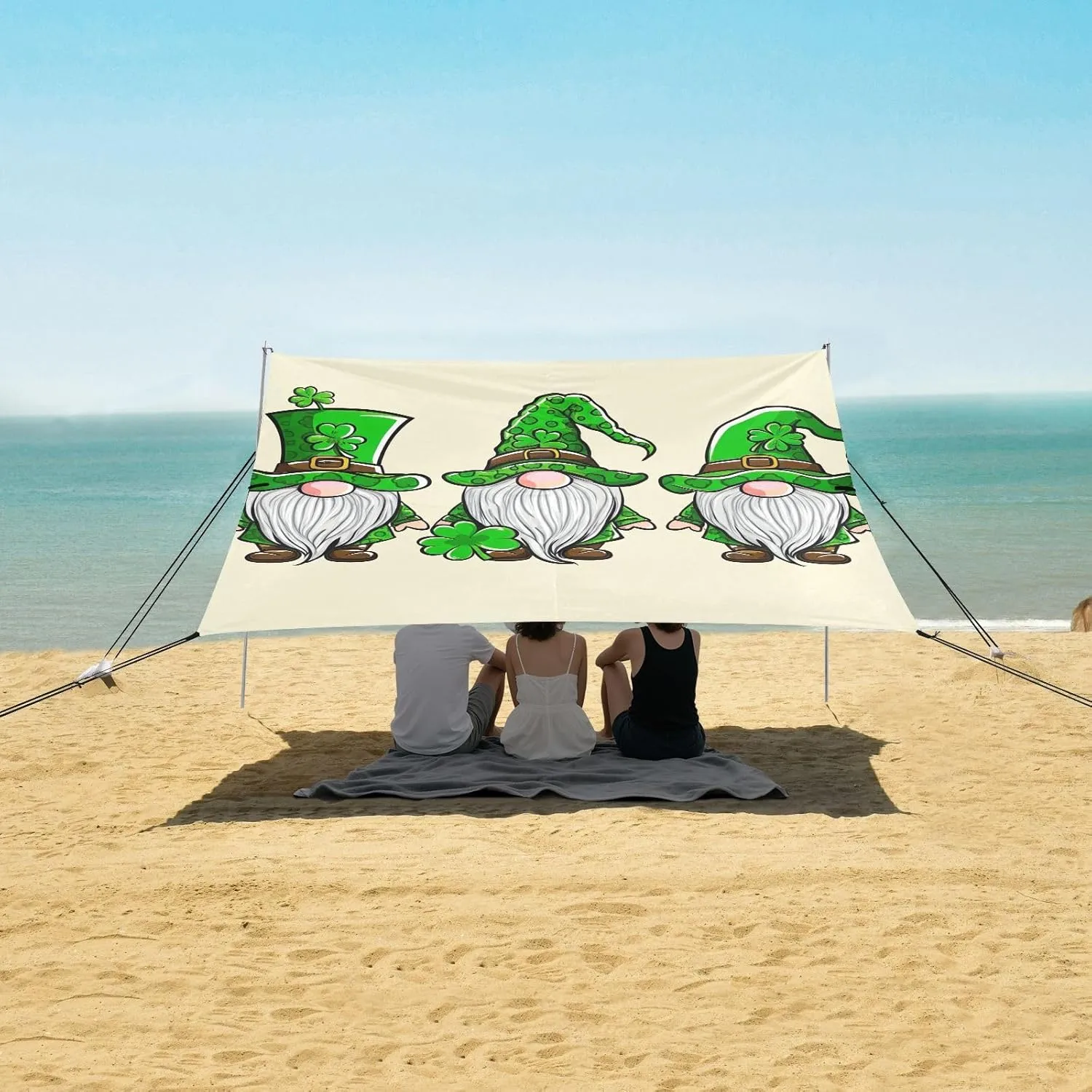 Beach Tent Canopy Outdoor Patio Shade Cute 9.2 × 10.5 FT Green Shamrock Gnomes Beige Camping Sun Shelter Custom Aesthetic Waterproof with Sand Anchor Poles