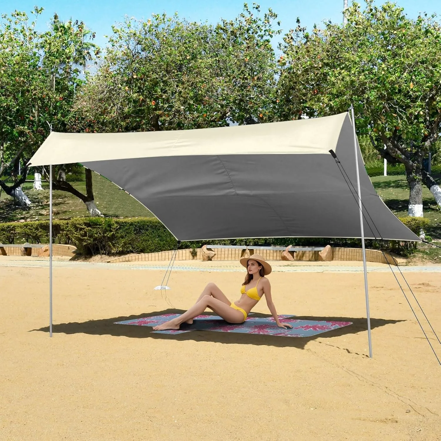 Beach Tent Canopy Outdoor Patio Shade Cute 9.2 × 10.5 FT Green Shamrock Gnomes Beige Camping Sun Shelter Custom Aesthetic Waterproof with Sand Anchor Poles