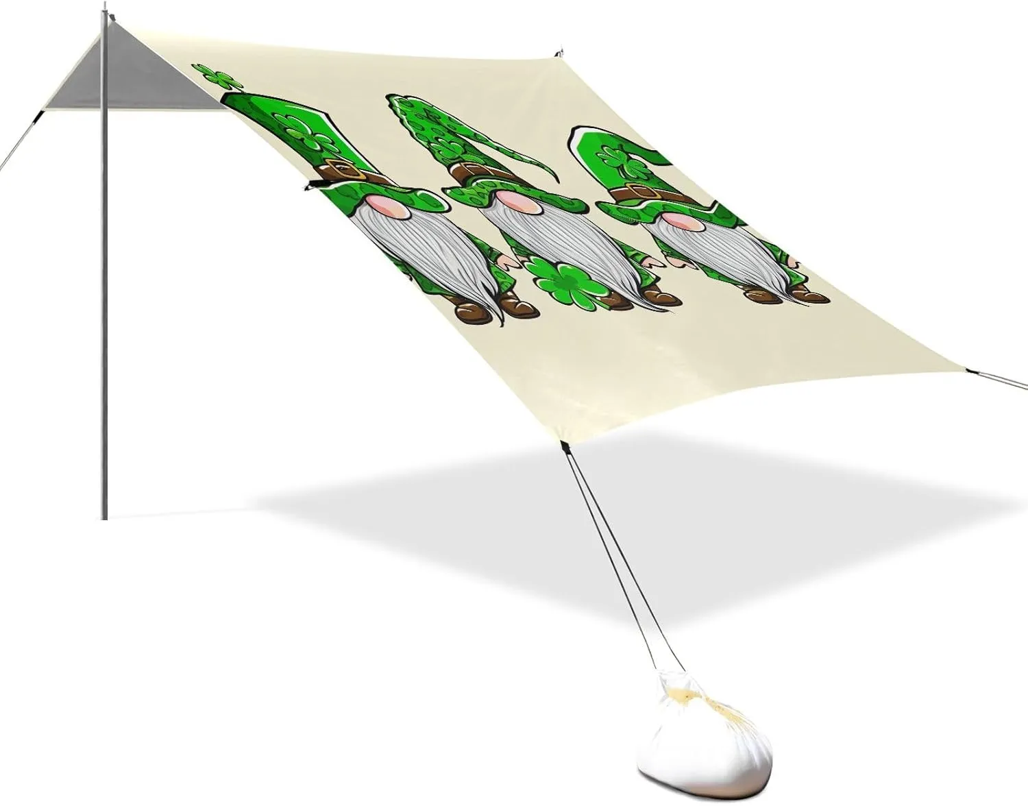 Beach Tent Canopy Outdoor Patio Shade Cute 9.2 × 10.5 FT Green Shamrock Gnomes Beige Camping Sun Shelter Custom Aesthetic Waterproof with Sand Anchor Poles