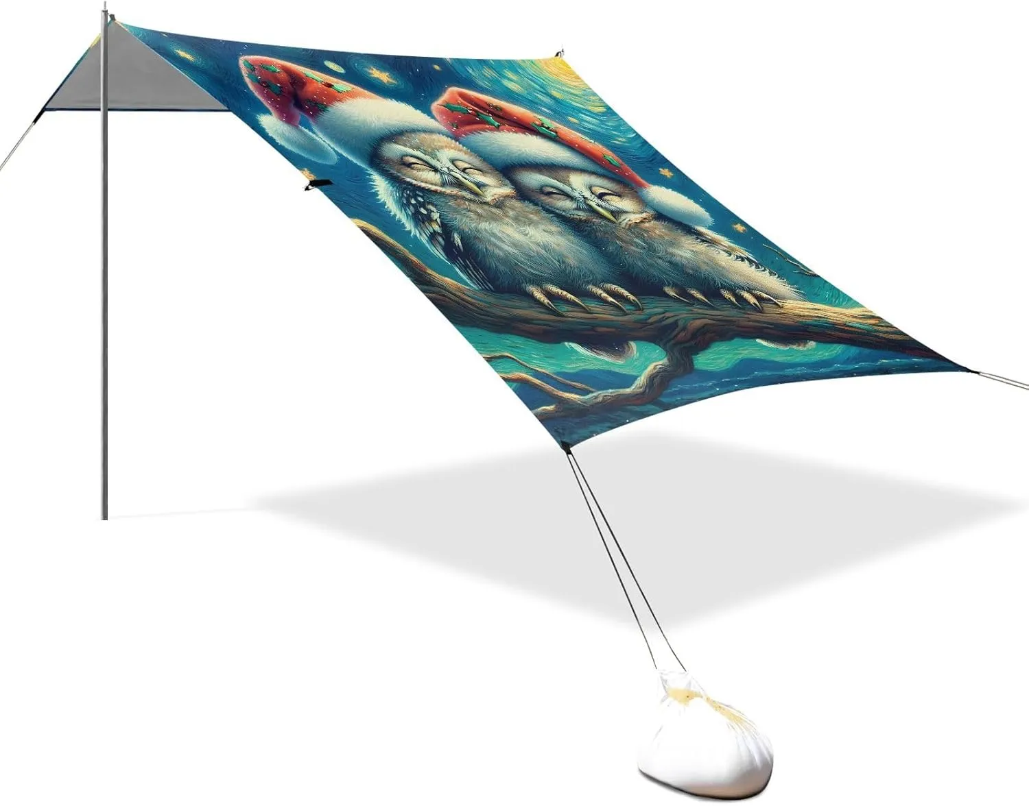Beach Tent Canopy Outdoor Sun Shade Patio 9.2 × 10.5 FT Cute Owls Couple Starry Night Travel Camping Sun Shelter Print Sunshade with Sand Anchor Poles