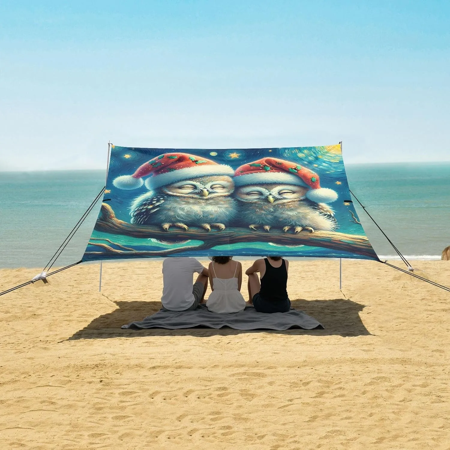Beach Tent Canopy Outdoor Sun Shade Patio 9.2 × 10.5 FT Cute Owls Couple Starry Night Travel Camping Sun Shelter Print Sunshade with Sand Anchor Poles