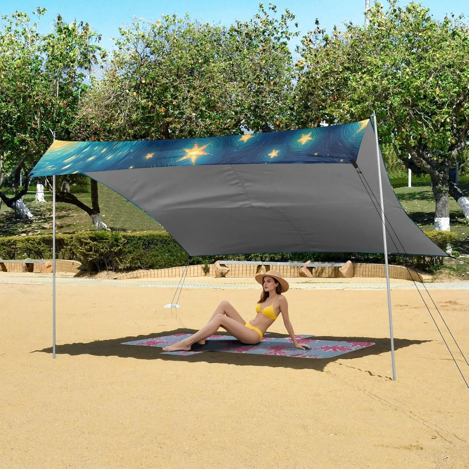 Beach Tent Canopy Outdoor Sun Shade Patio 9.2 × 10.5 FT Cute Owls Couple Starry Night Travel Camping Sun Shelter Print Sunshade with Sand Anchor Poles