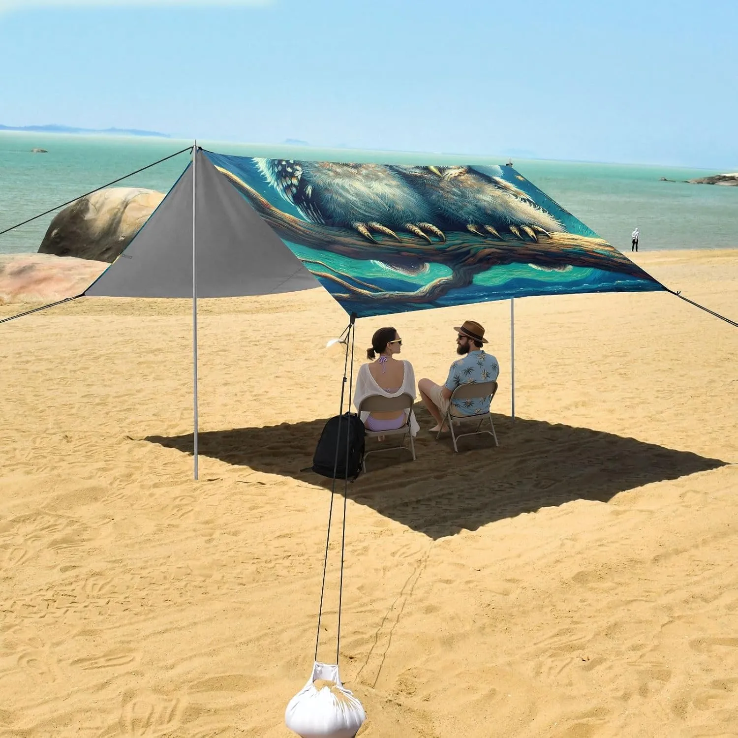 Beach Tent Canopy Outdoor Sun Shade Patio 9.2 × 10.5 FT Cute Owls Couple Starry Night Travel Camping Sun Shelter Print Sunshade with Sand Anchor Poles