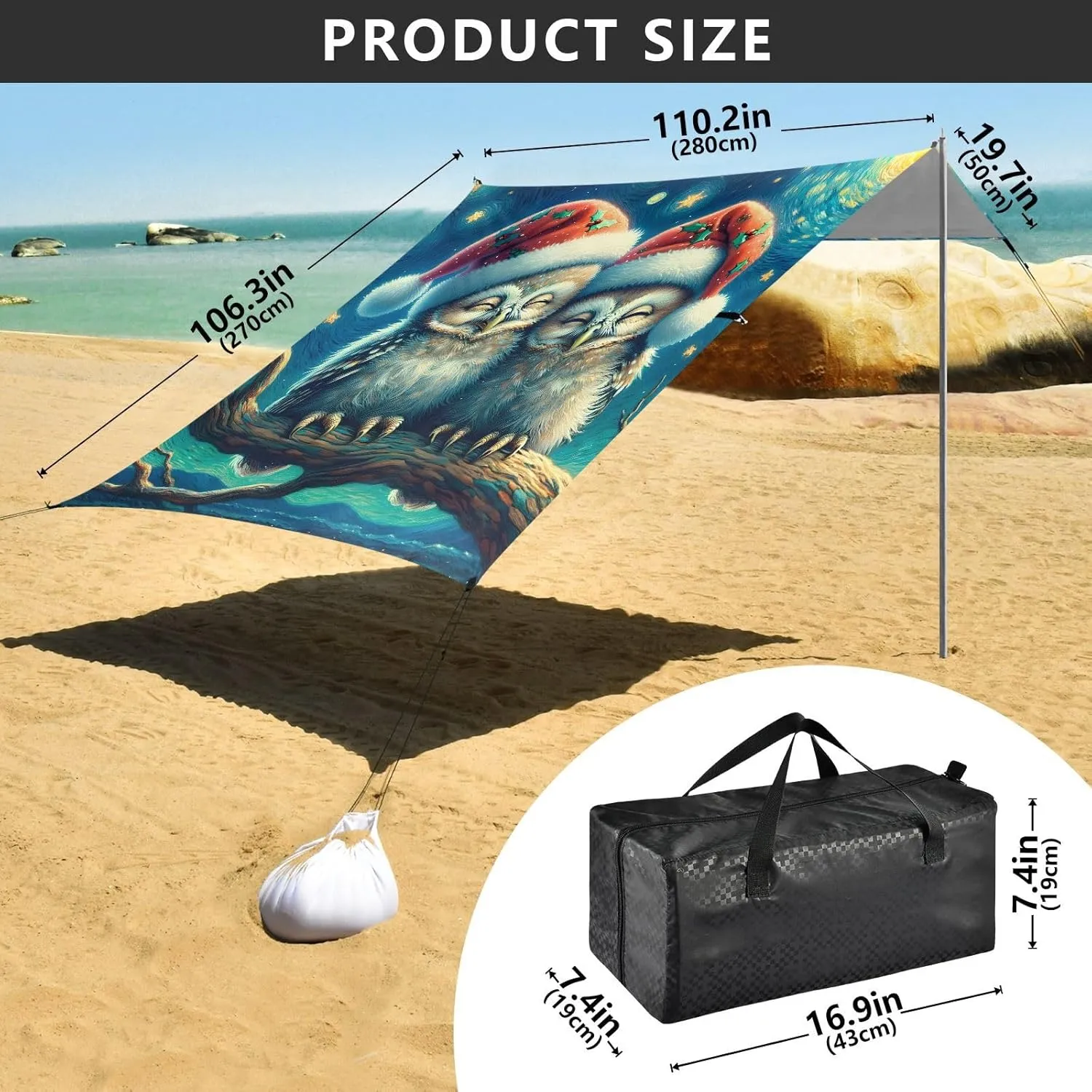 Beach Tent Canopy Outdoor Sun Shade Patio 9.2 × 10.5 FT Cute Owls Couple Starry Night Travel Camping Sun Shelter Print Sunshade with Sand Anchor Poles