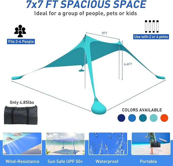 Beach Tent Pop Up Shade Canopy Sun Shelter UPF50  with 2 Stability Poles/Carry Bag/Ground Pegs/Sand Shovel/Windproof Ropes Portable Outdoor Family Sunshade for Beach Camping (Teal Blue, 7×7FT)