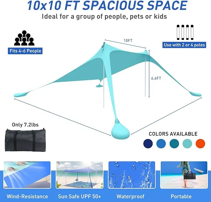 Beach Tent Pop Up Shade Canopy Sun Shelter UPF50  with 2 Stability Poles/Carry Bag/Ground Pegs/Sand Shovel/Windproof Ropes Portable Outdoor Family Sunshade for Beach Camping(Turquoise,10×10FT)