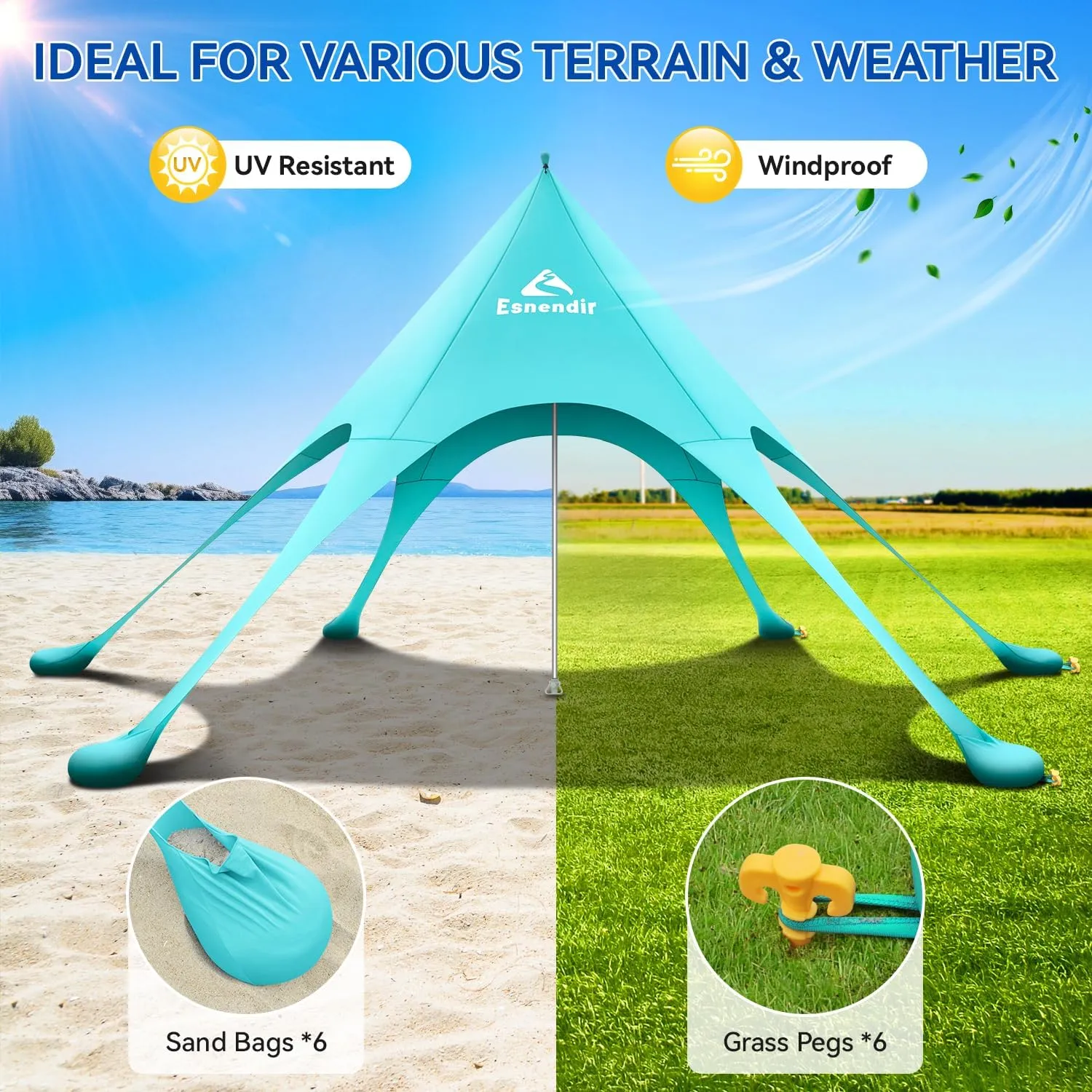 Beach Tent Sun Shelter & Portable Beach Canopy UPF 80  UV Protection, Beach Shade Canopy with 6 Sandbags, Sand Shovel Ground Pegs for Outdoor Camping, Picnics (12x12ft, Turquoise)
