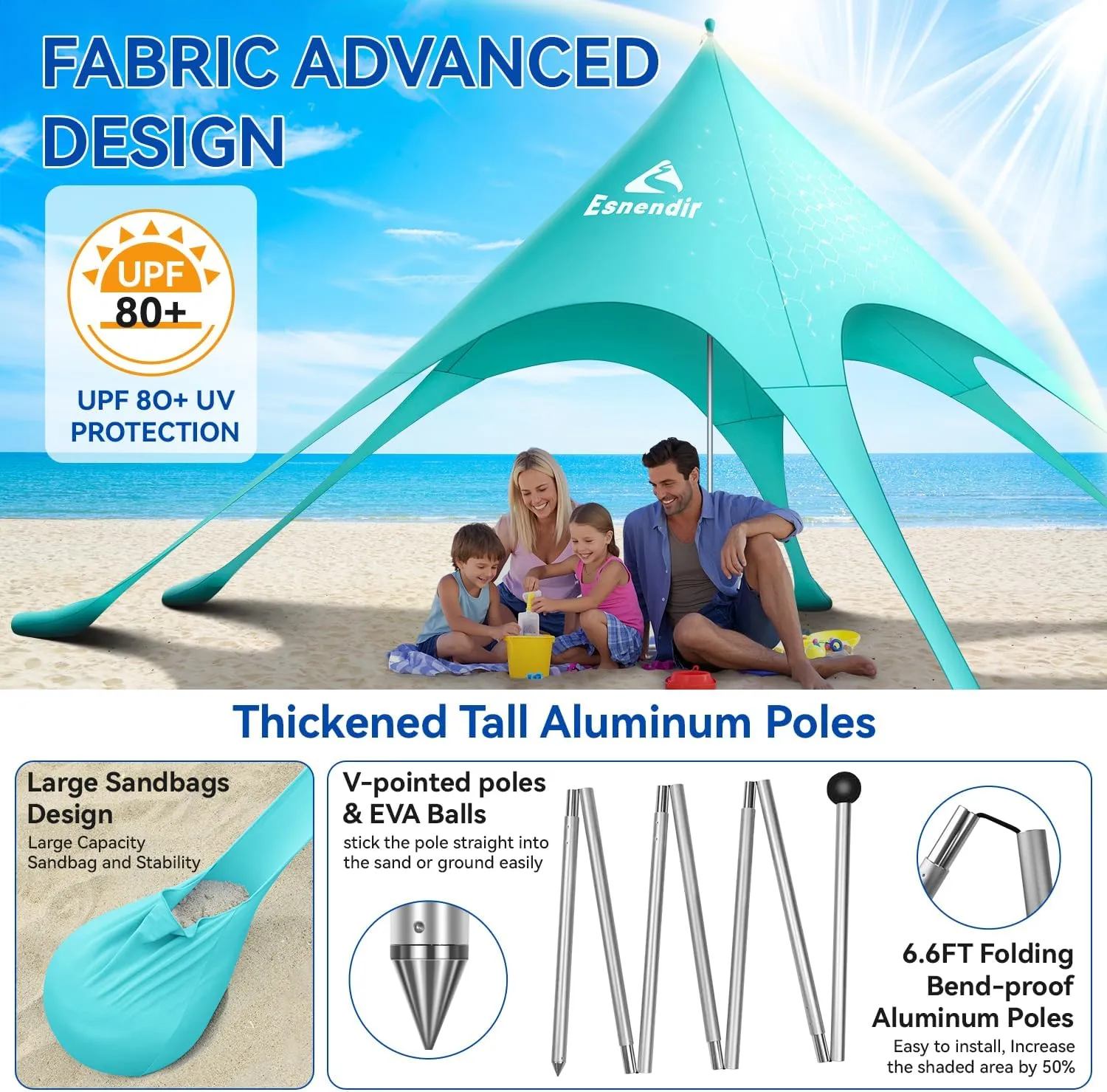 Beach Tent Sun Shelter & Portable Beach Canopy UPF 80  UV Protection, Beach Shade Canopy with 6 Sandbags, Sand Shovel Ground Pegs for Outdoor Camping, Picnics (12x12ft, Turquoise)