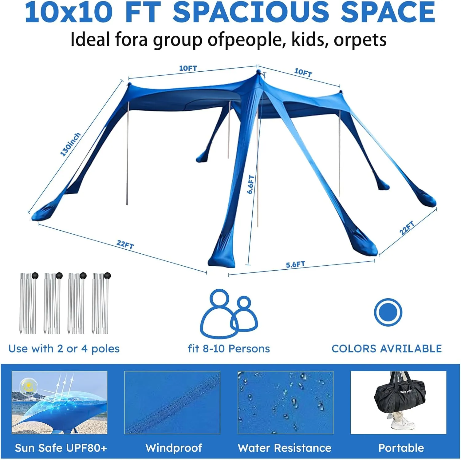 Beach Tents Sun Shelter UPF50 with 8 Sandbags, Sand Shovels, Ground Pegs ，4 Thickened Aluminum Poles， Outdoor Beach Sun Shade Canopy for Camping Trips, Fishing，Beach Shade