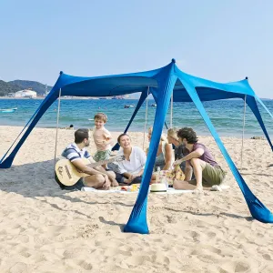 Beach Tents Sun Shelter UPF50 with 8 Sandbags, Sand Shovels, Ground Pegs ，4 Thickened Aluminum Poles， Outdoor Beach Sun Shade Canopy for Camping Trips, Fishing，Beach Shade