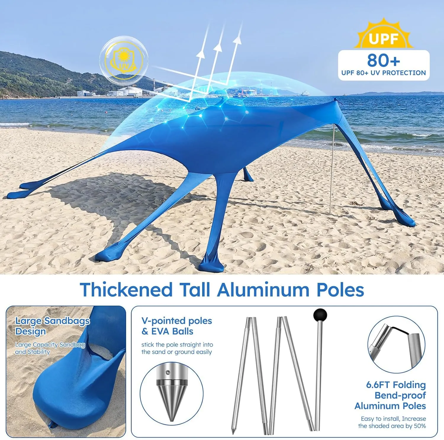 Beach Tents Sun Shelter UPF50 with 8 Sandbags, Sand Shovels, Ground Pegs ，4 Thickened Aluminum Poles， Outdoor Beach Sun Shade Canopy for Camping Trips, Fishing，Beach Shade