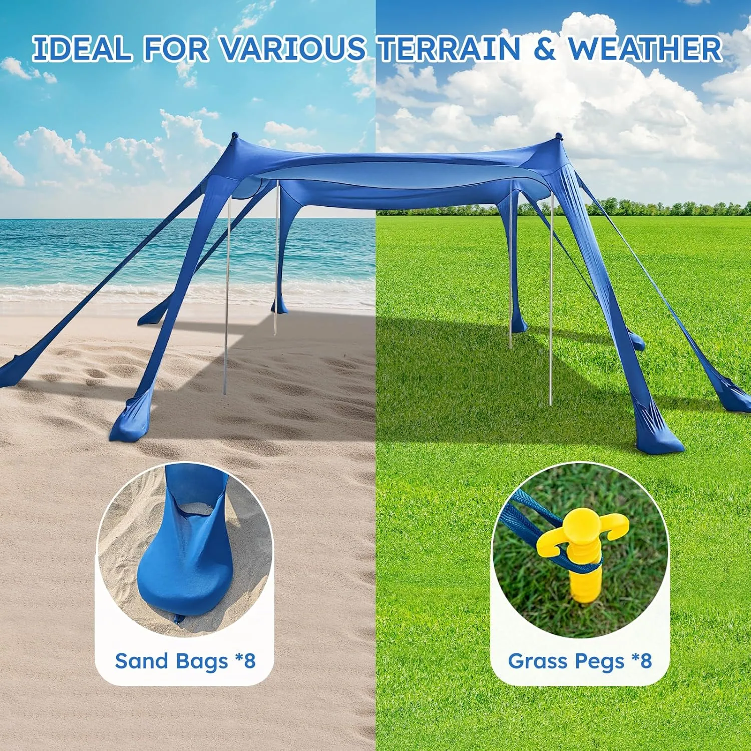 Beach Tents Sun Shelter UPF50 with 8 Sandbags, Sand Shovels, Ground Pegs ，4 Thickened Aluminum Poles， Outdoor Beach Sun Shade Canopy for Camping Trips, Fishing，Beach Shade