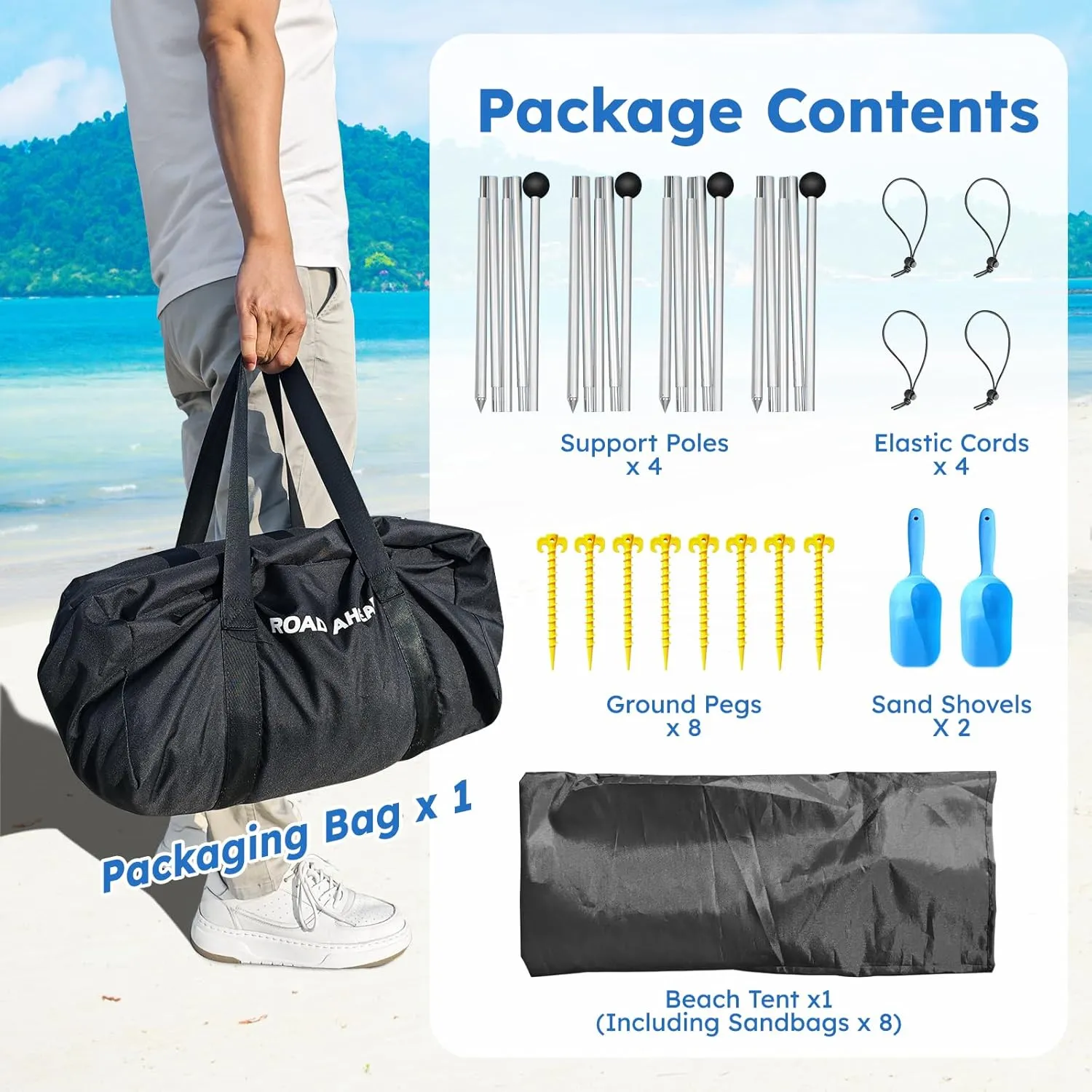 Beach Tents Sun Shelter UPF50 with 8 Sandbags, Sand Shovels, Ground Pegs ，4 Thickened Aluminum Poles， Outdoor Beach Sun Shade Canopy for Camping Trips, Fishing，Beach Shade