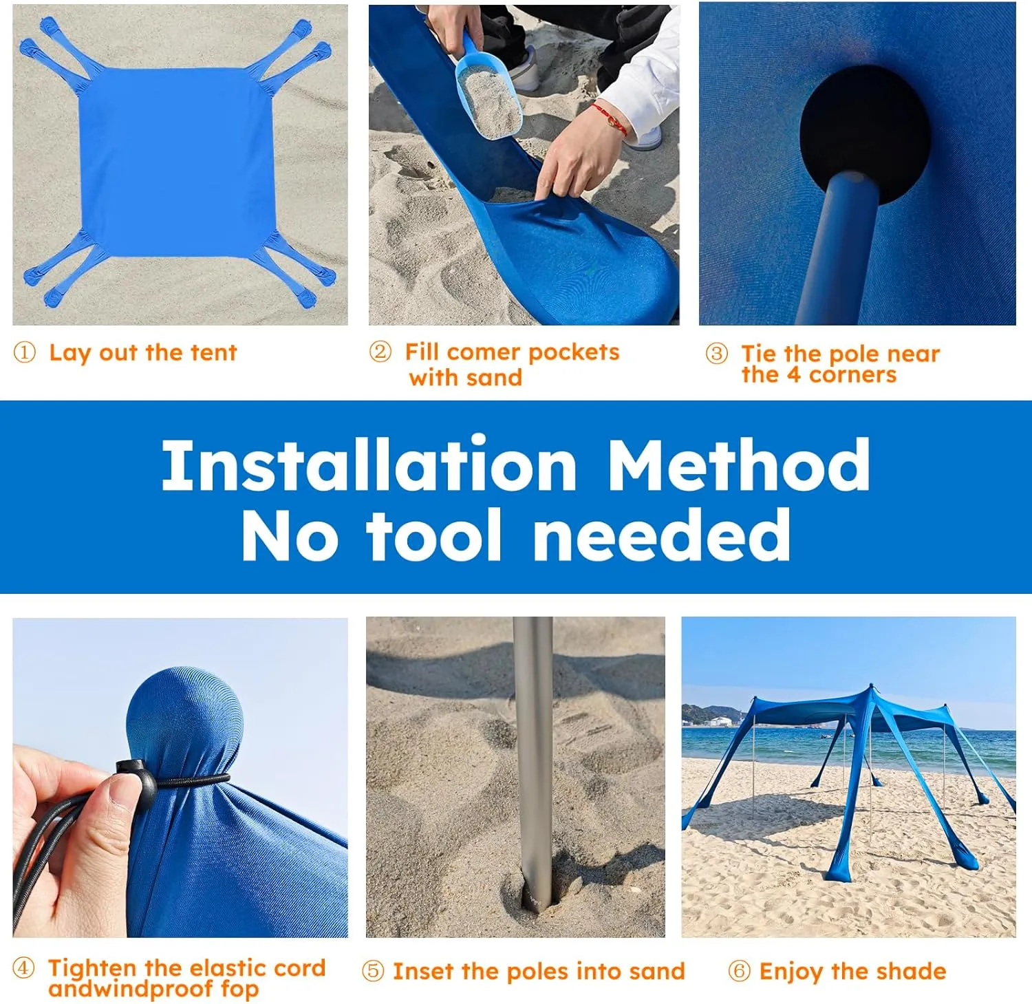 Beach Tents Sun Shelter UPF50 with 8 Sandbags, Sand Shovels, Ground Pegs ，4 Thickened Aluminum Poles， Outdoor Beach Sun Shade Canopy for Camping Trips, Fishing，Beach Shade