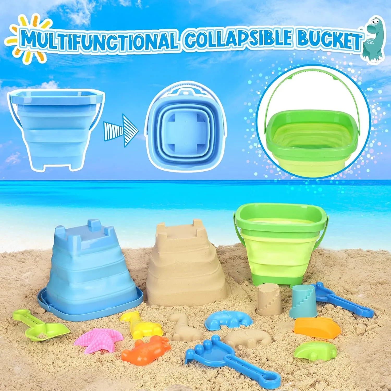Beach Toys, 31Pcs Sand Toys, Sandbox Toys with 2 Truck 2 Collapsible Sand Bucket, Shovel Set, Sand Castle Kit, Animal Dinosaur Molds Etc. Mesh Bag, Travel Toys for Kids Toddlers Boys Girls