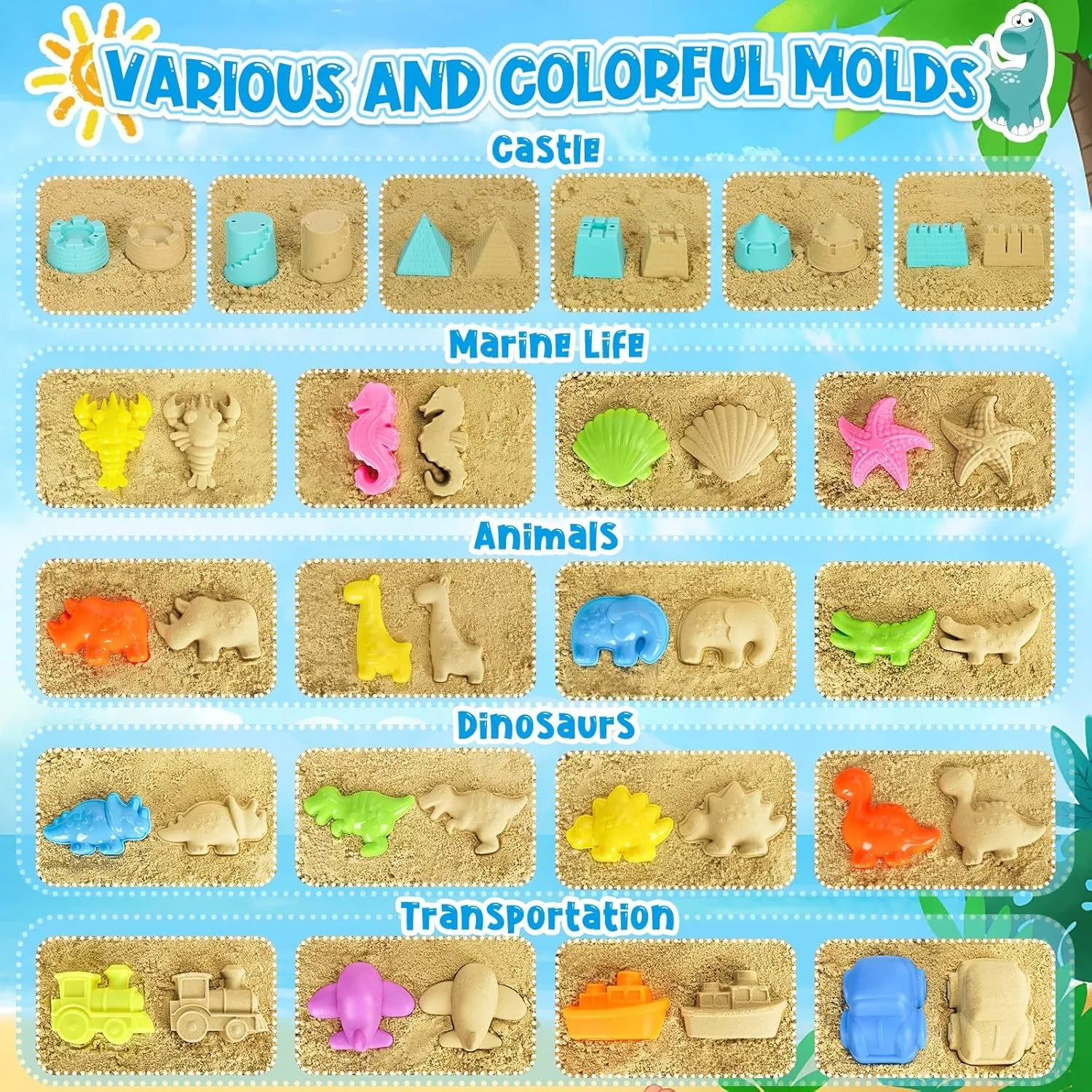Beach Toys, 31Pcs Sand Toys, Sandbox Toys with 2 Truck 2 Collapsible Sand Bucket, Shovel Set, Sand Castle Kit, Animal Dinosaur Molds Etc. Mesh Bag, Travel Toys for Kids Toddlers Boys Girls