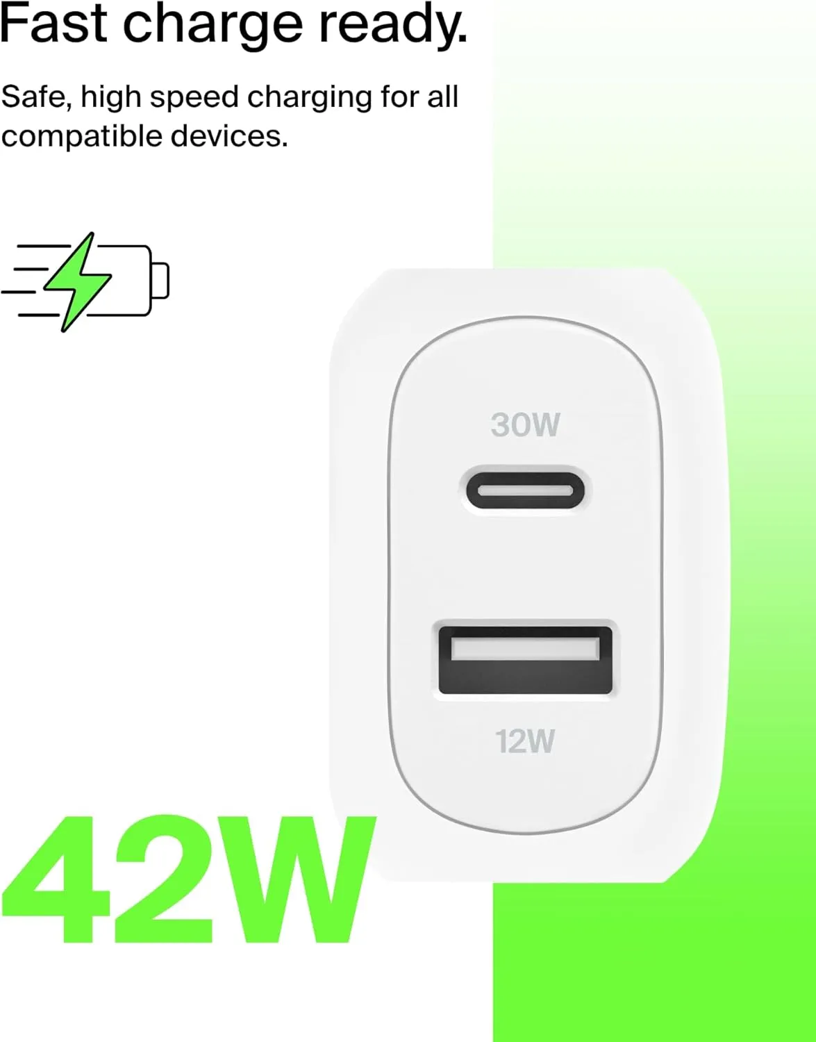 Belkin 42W Dual Port Wall Charger, USB-C   USB-A Charger - Fast Charging for iPhone 16, 15, 14, 13, Pro, Pro Max, Plus, iPad, MacBook, Galaxy S25 Ultra, Pixel, Nintendo Switch 2 & More - White
