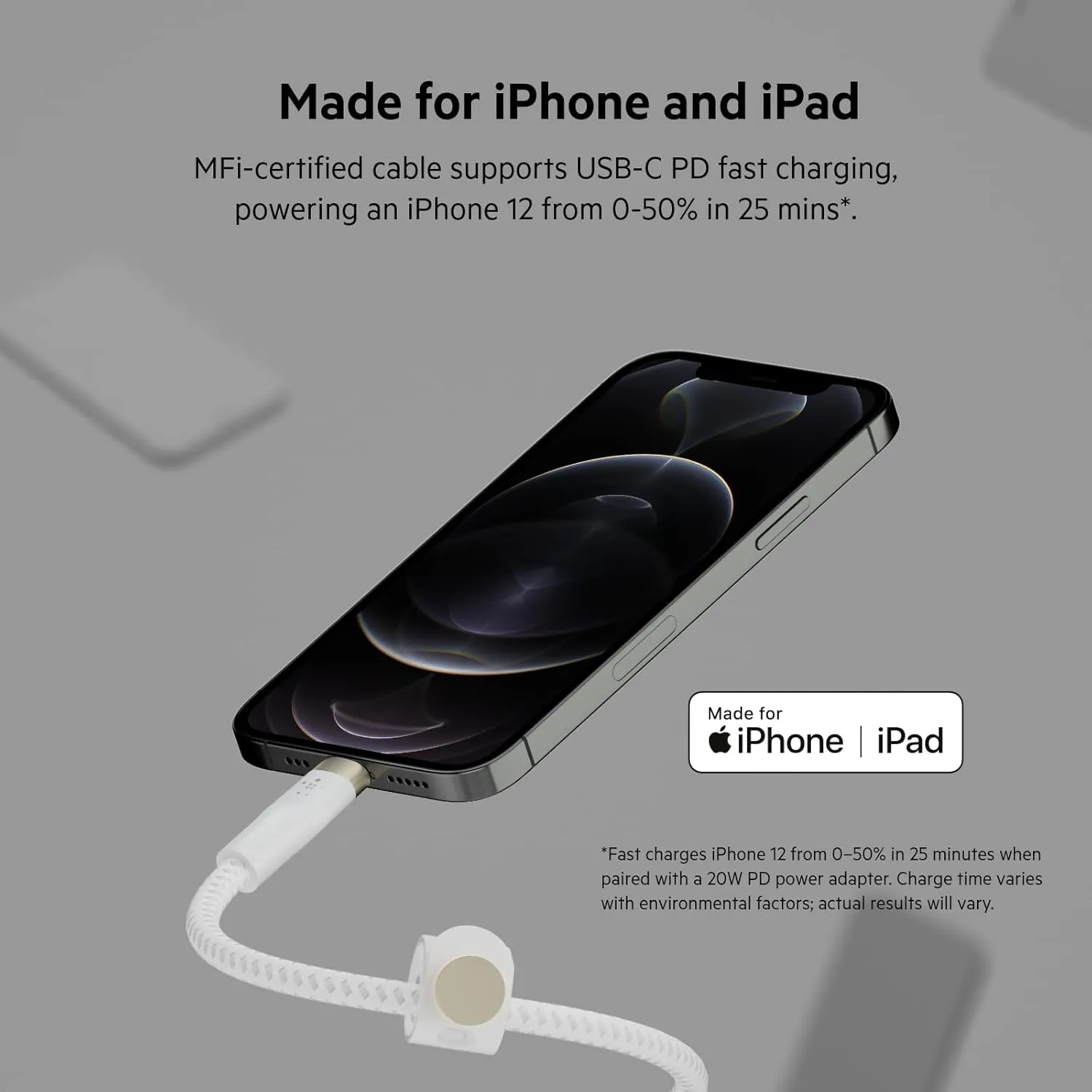 Belkin BoostCharge Pro Flex Braided USB Type C to Lightning Cable (2M/6.6ft), MFi Certified 20W Fast Charging PD Power Delivery for iPhone 14, iPhone 13, 12, 11, Pro, Max, Mini, SE, iPad - White