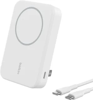 Belkin Portable Charger, Power Bank 10,000mAh w/ Qi2, Portable iPhone Charger - MagSafe Compatible w/Built-in Pop-up Kickstand for iPhone 16, 15, 14, 13, Plus, Pro, Pro Max, and More - White