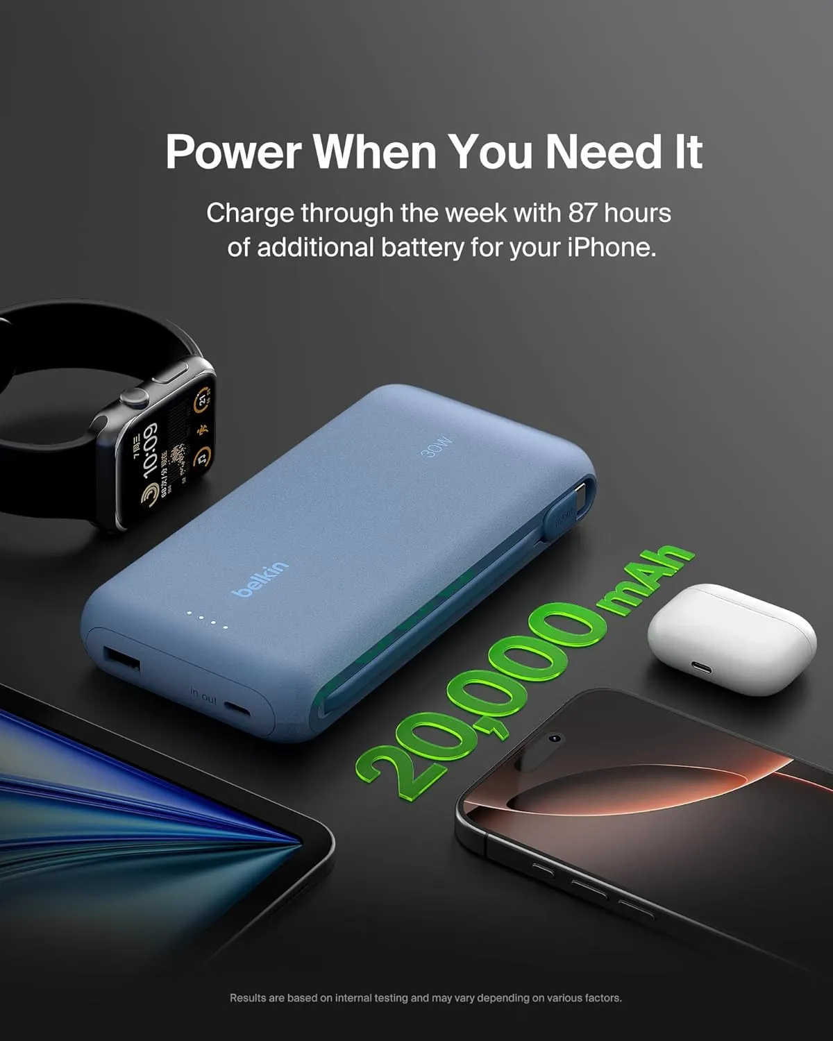 Belkin Portable Charger, Power Bank with Integrated Cable 20K PD 30W - Fast Charging USB-C Power Delivery, Portable Charger for iPhone 16 Series, iPad Pro, Galaxy S25 Series, and More - Blue